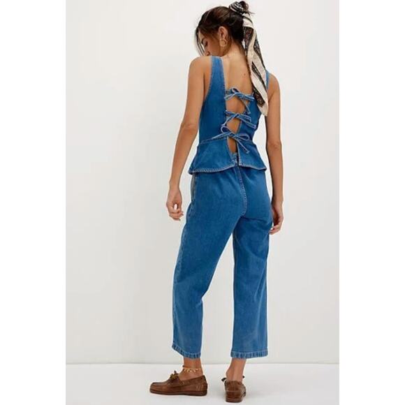 NEW Free People We The Free Hazel Denim Jumpsuit Size Small Vacation Mode‎ Blue - Picture 1 of 10